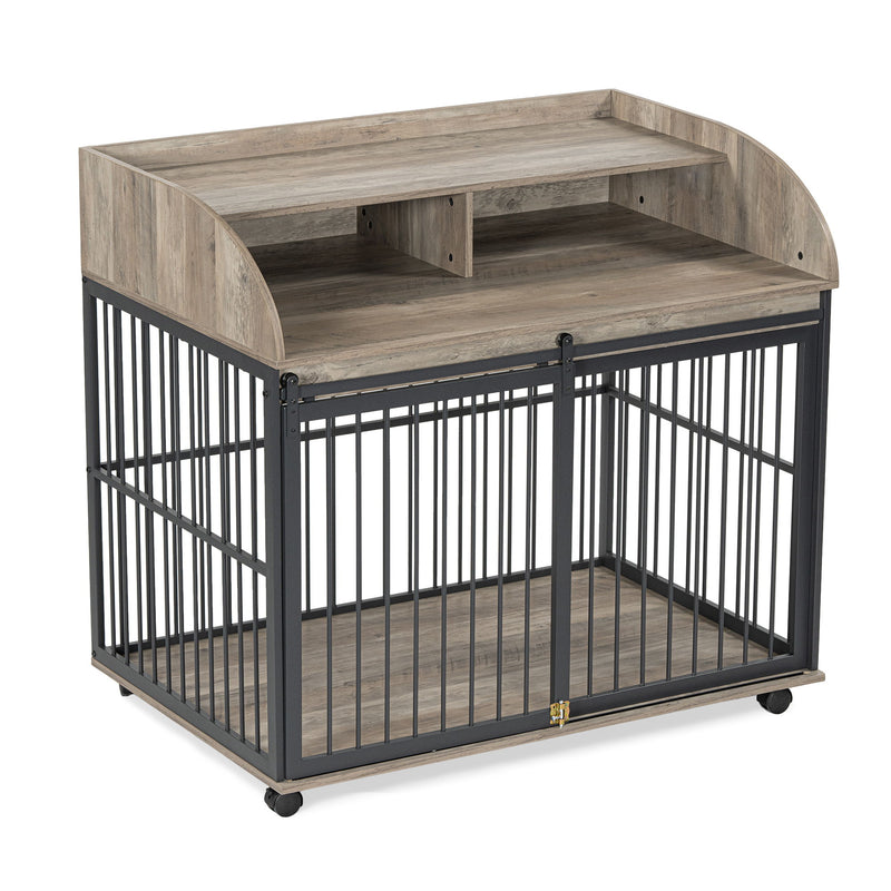 Heavy Duty Dog Crate Furniture For Medium Dog With Lockable Wheels, Wooden Dog Crate Dog Kennel, End Table Crate With Double Layer Storage