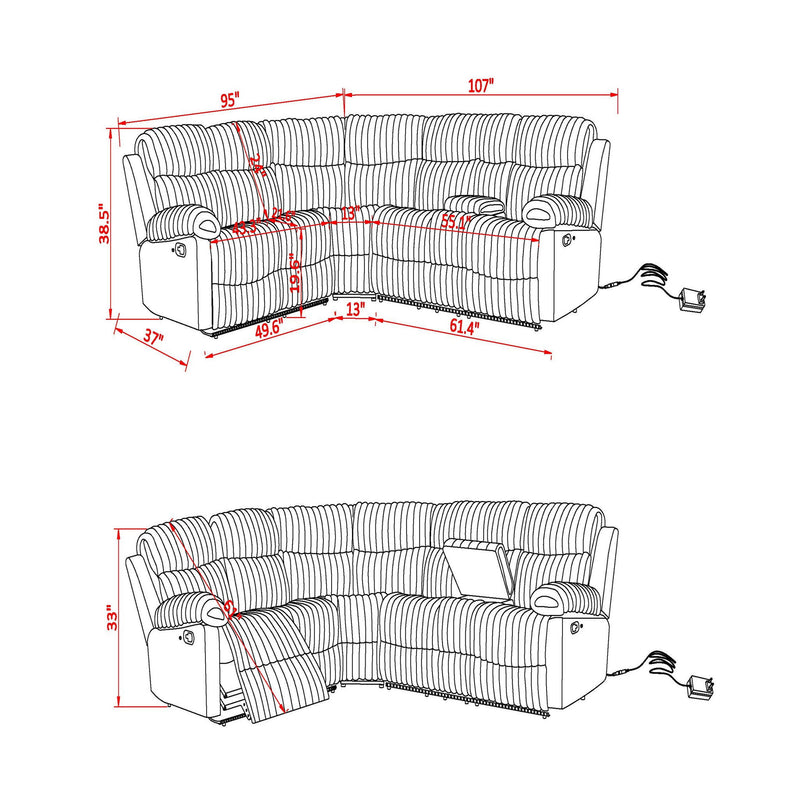 Bruni - Sectional Sofa With LED Lighting And Manual Recline - Gray