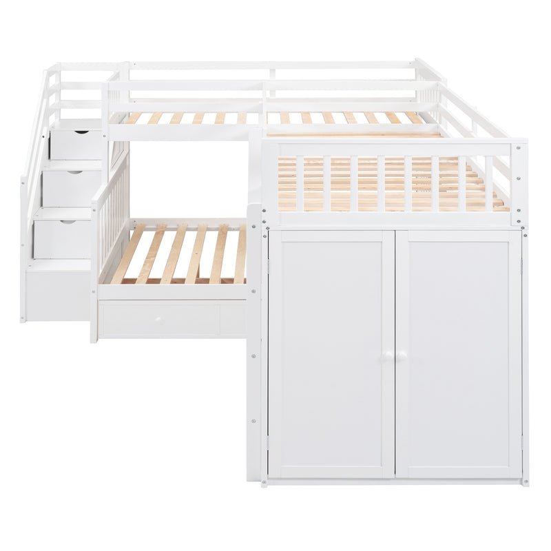 Twin-Twin over Full L-Shaped Bunk Bed With 3 Drawers, Portable Desk and Wardrobe, White