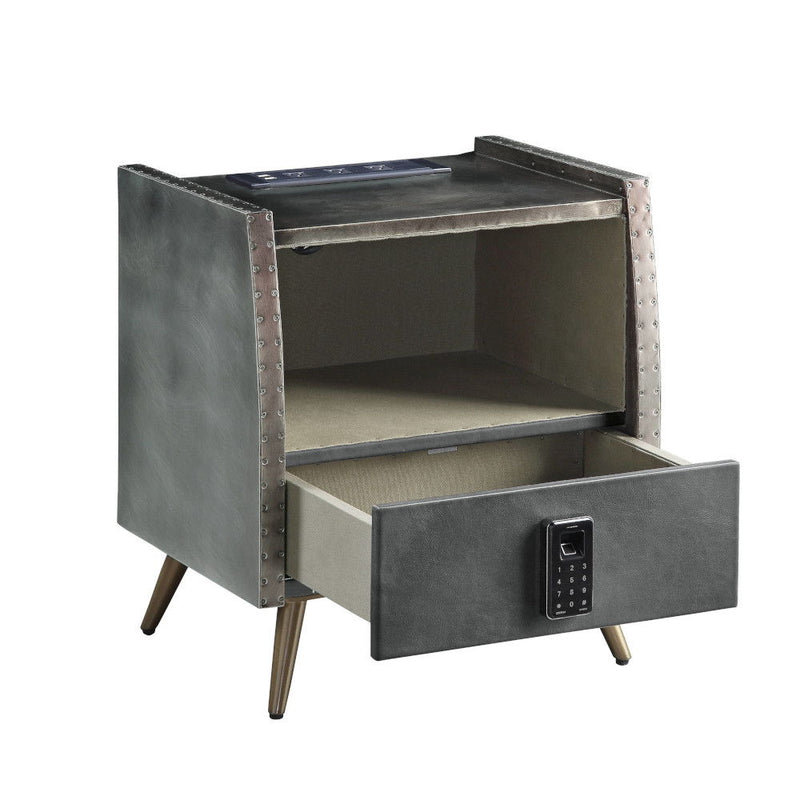 Doris - Nightstand With USB & Electric Lock - Gray Top Grain Leather & Aluminum