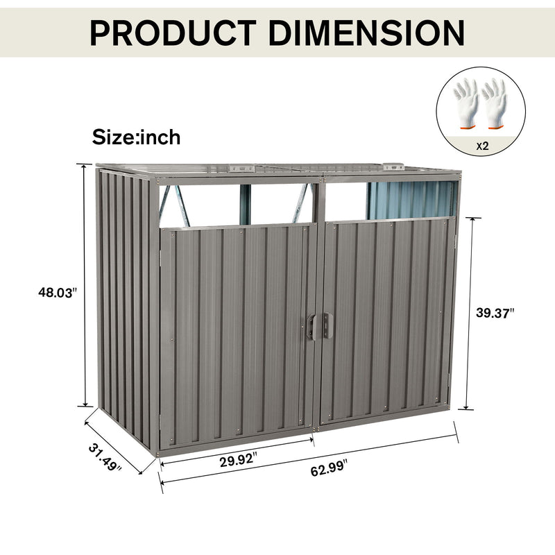 Garbage Bin Shed Stores 2 Trash Cans Metal Outdoor Bin Shed For Garbage Storage, Stainless Galvanized Steel, Bin Shed For Garden Yard Lawn