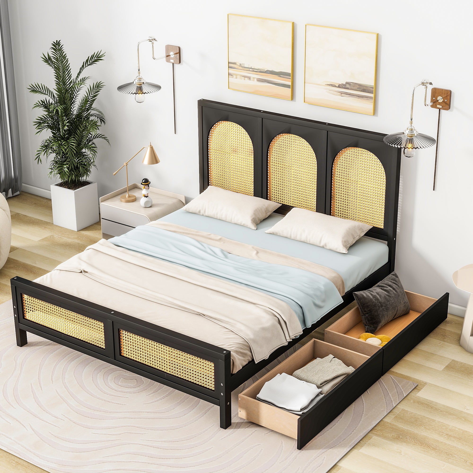 Full Size Wood Storage Platform Bed with 2 Drawers, Rattan Headboard and Footboard, Black - Atlantic Fine Furniture Melbourne FL