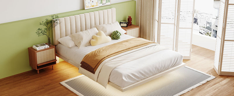 Queen Size Upholstered Bed with Sensor Light and Headboard, Floating Velvet Platform Bed, Beige