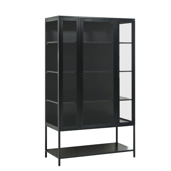 Modern Steel Display Cabinet With LED Lights And Glass Door For Home Or Workspace - Black