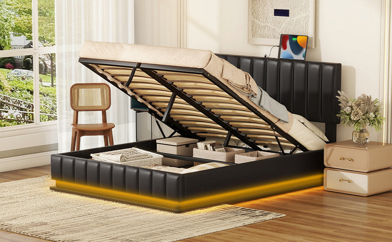 Queen Size Upholstered Bed with Hydraulic Storage System and LED Light, Modern Platform Bed with Sockets and USB Ports, Black