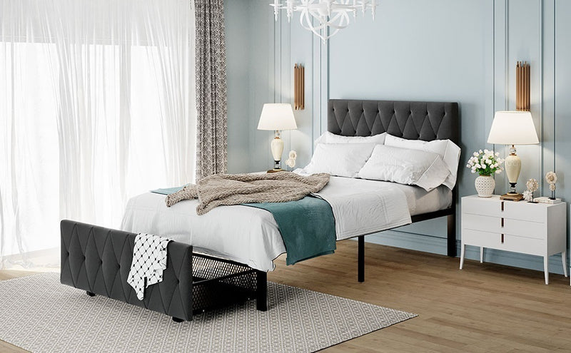 Twin Size Storage Bed Metal Platform Bed with a Big Drawer - Gray