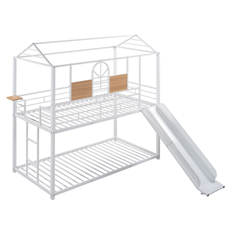 Twin Over Twin Metal Bunk Bed, Metal Housebed With Slide, Three Colors Available