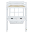 Full Size Loft Bed with large shelves, writing desk and LED Light, White
