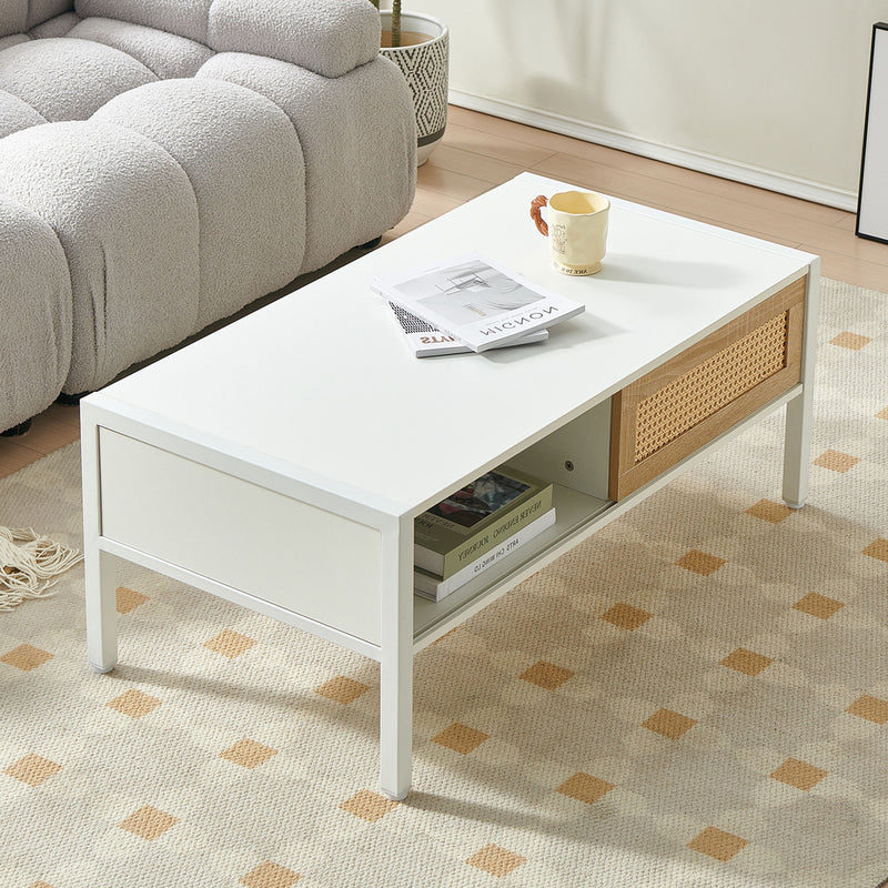 40.16" Rattan Coffee Table, Sliding Door For Storage, Metal Legs, Modern Table For Living Room