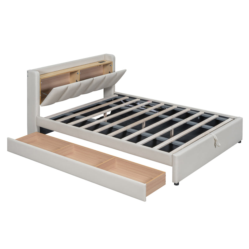 Queen Size & Twin XL Size Upholstered Platform Bed, Mother & Child Bed with Hydraulic Storage System, Drawer Box, Bedhead storage shelf and Two pairs of sockets & USB Ports, PU Leather, Beige