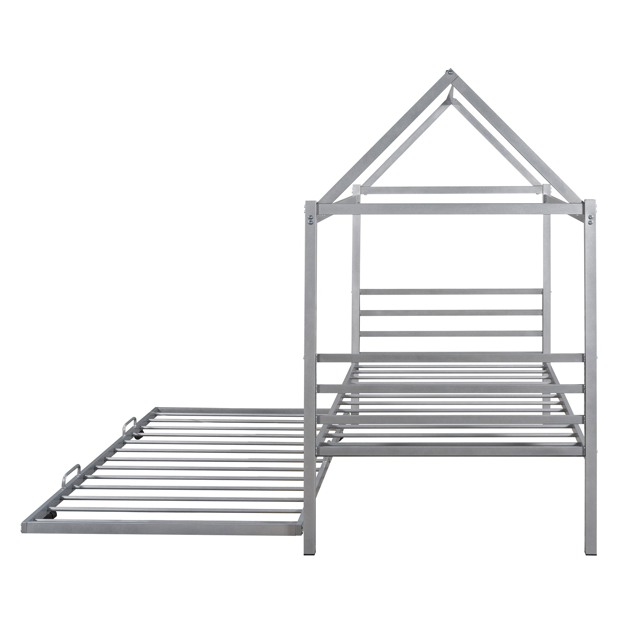 Twin Size Metal House Shape Platform Bed with Trundle,Silver - Atlantic Fine Furniture Melbourne FL