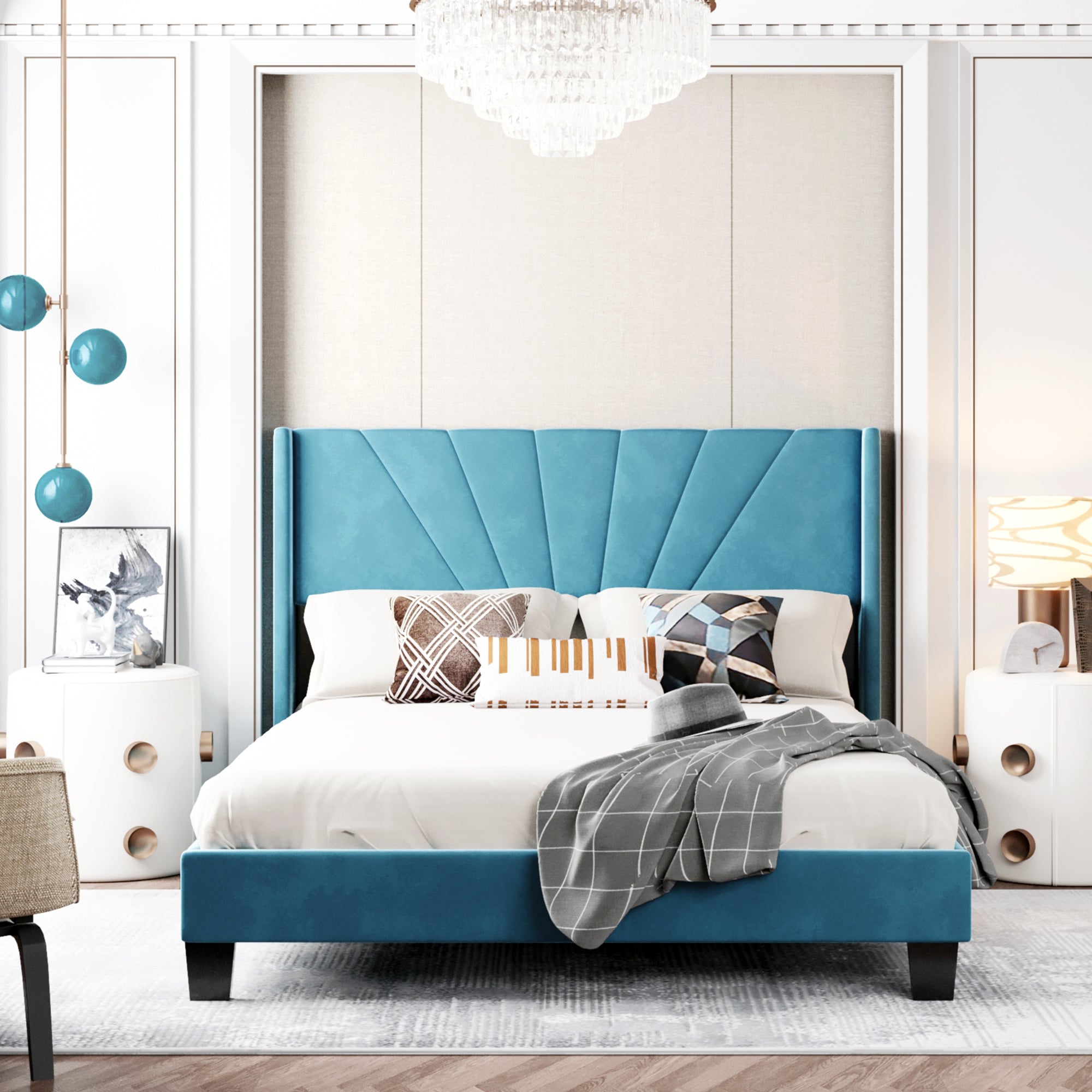 Queen Size Velvet Upholstered Platform Bed, Box Spring Needed - Blue - Atlantic Fine Furniture Melbourne FL