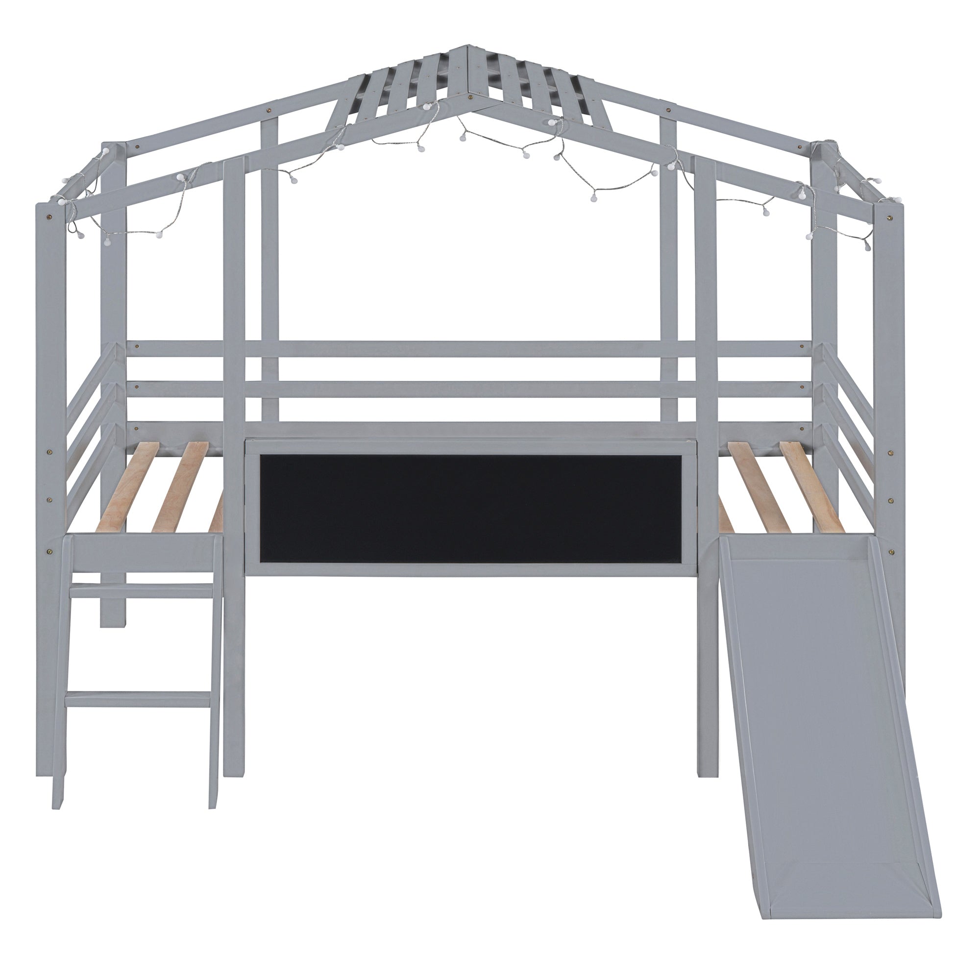 Twin Size Loft Bed with Ladder and Slide, House Bed with Blackboard and Light Strip on the Roof, Gray - Atlantic Fine Furniture Melbourne FL