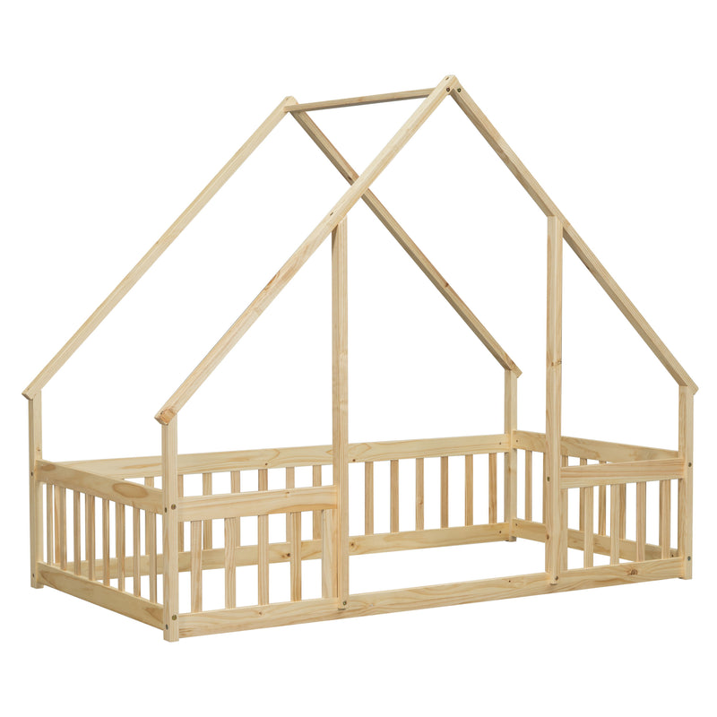 Wood House-Shaped Floor Bed With Fence, Guardrails