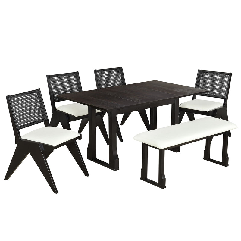 6 Piece Extendable Dining Table Set With 4 Wicker Back Upholstered Dining Chairs And Long Bench, 2 Removable Leaf