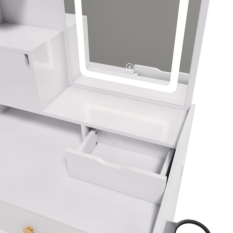 3 Color LED Vanity Mirror With Stool, 2 Drawers & 5 Storage Cabinets, Adjustable Lighting - White