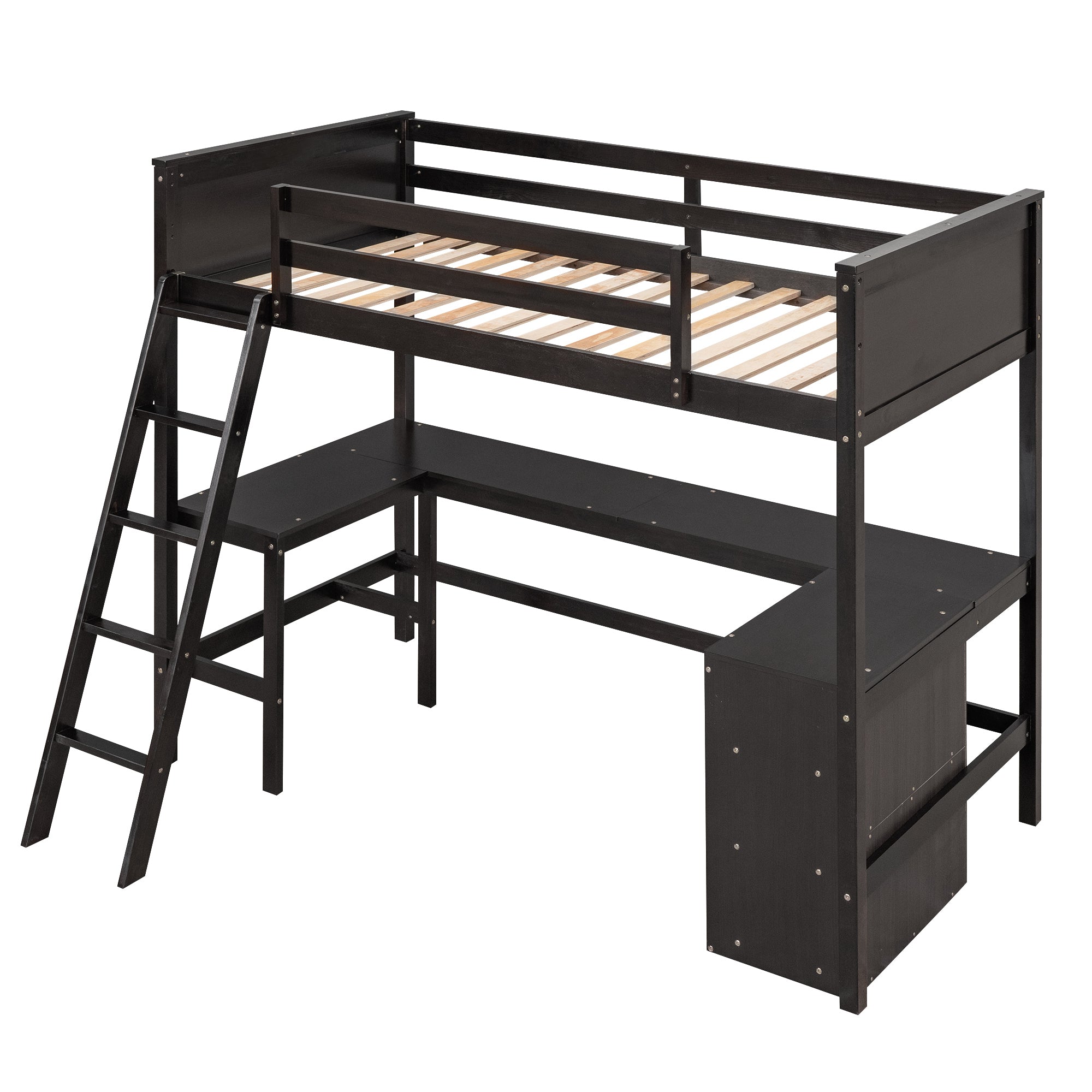 Twin size Loft Bed with Shelves and Desk, Wooden Loft Bed with Desk - Espresso(OLD SKU:LT000537AAP) - Atlantic Fine Furniture Melbourne FL