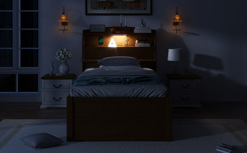 Wooden LED Platform Bed With Trundle, With Storage Headboard, With Drawers