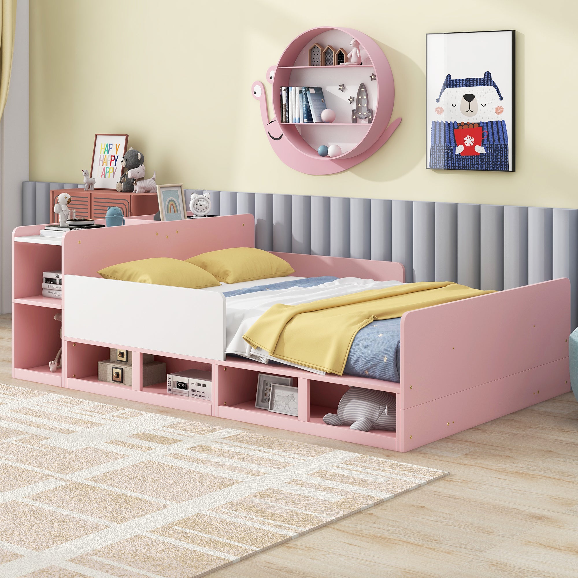 Wood Full Size Platform Bed with Storage Headboard, Guardrails and 4 Underneath Cabinets, Pink - Atlantic Fine Furniture Melbourne FL
