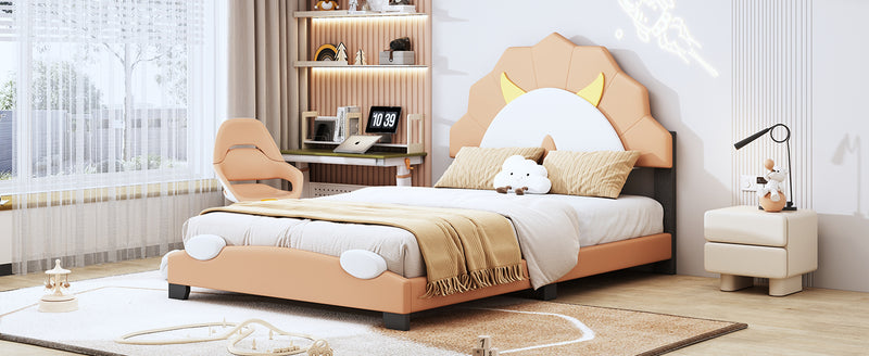 Twin Size Upholstered Leather Platform Bed with Lion-Shaped Headboard, Brown