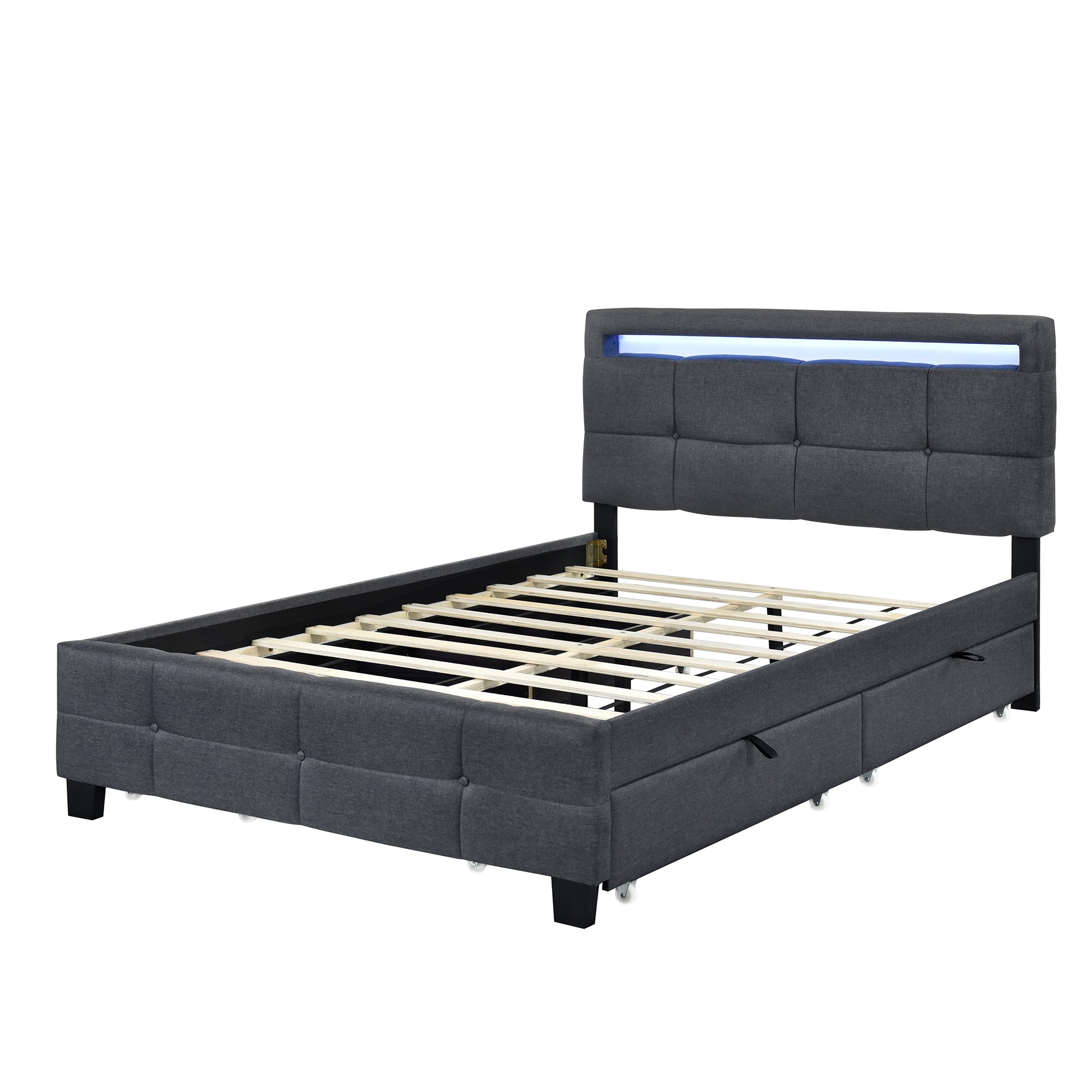 Full Size Upholstered Platform Bed with LED Frame and 4 Drawers, Linen Fabric, Gray - Atlantic Fine Furniture Melbourne FL