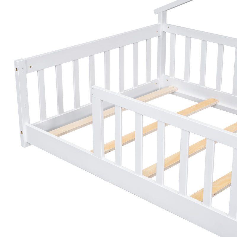 Twin House-Shaped Bedside Floor Bed with Guardrails, Slats, without Door,White