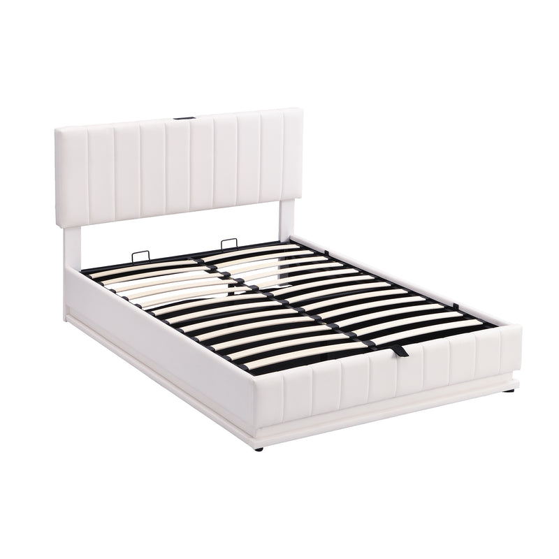 Full Size Upholstered Bed with Hydraulic Storage System and LED Light, Modern Platform Bed with Sockets and USB Ports, White