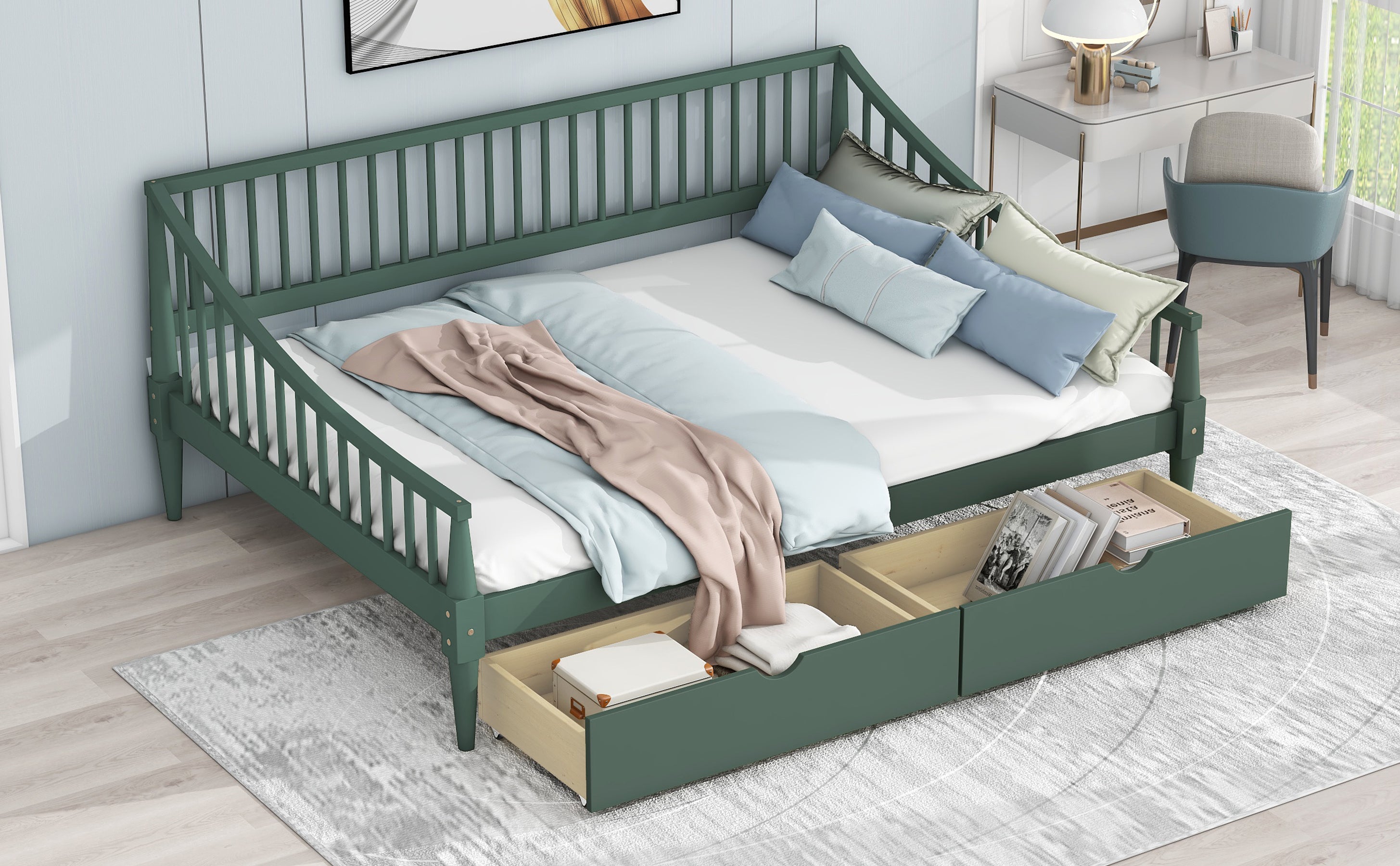Full Size Daybed with Two Storage Drawers and Support Legs, Green - Atlantic Fine Furniture Melbourne FL