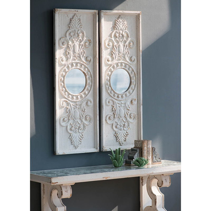 Large Wooden Wall Art Panels With Distressed Finish And Round Mirror Accents (Set of 2) - White