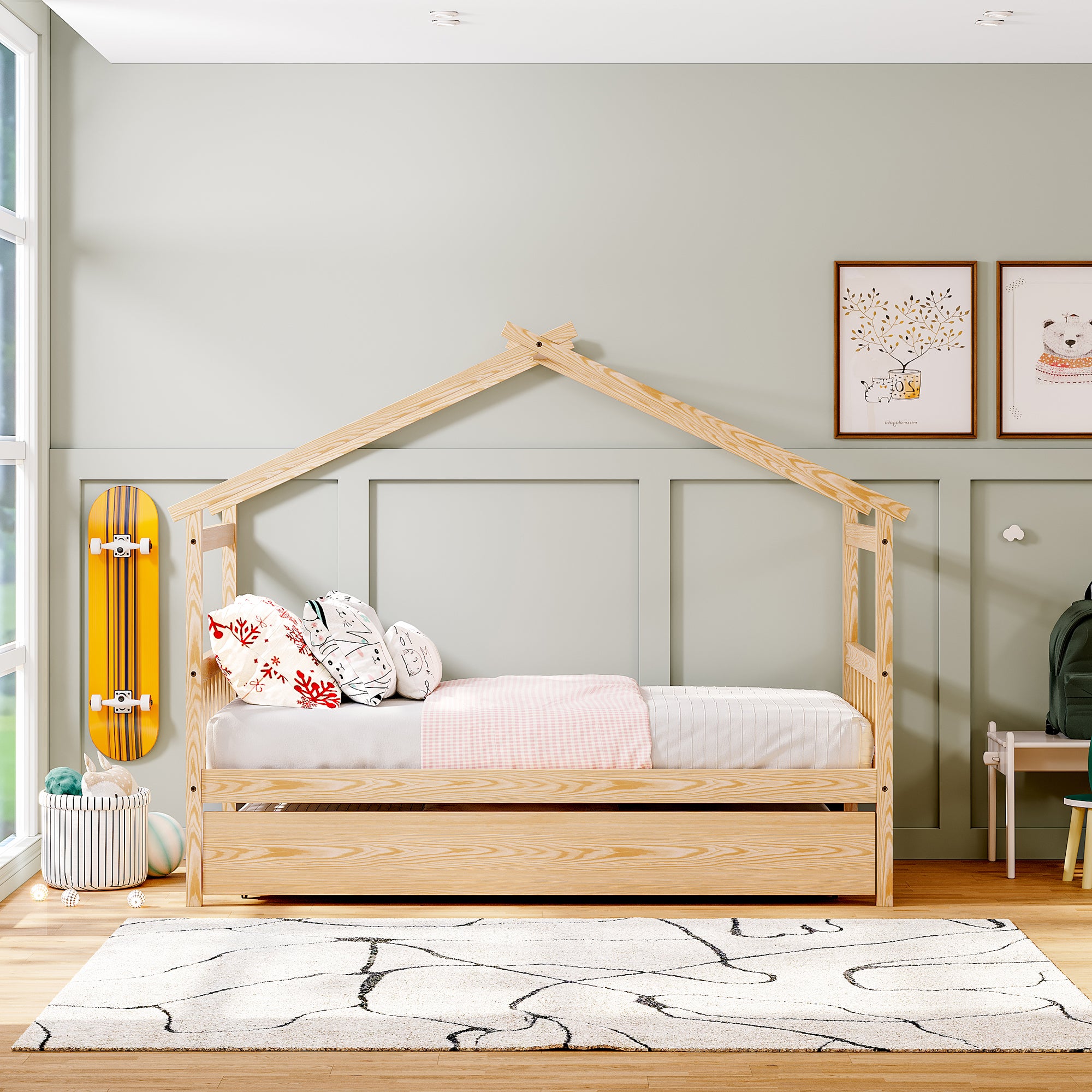Twin Size Wooden House Bed with Twin Size Trundle, Natural - Atlantic Fine Furniture Melbourne FL