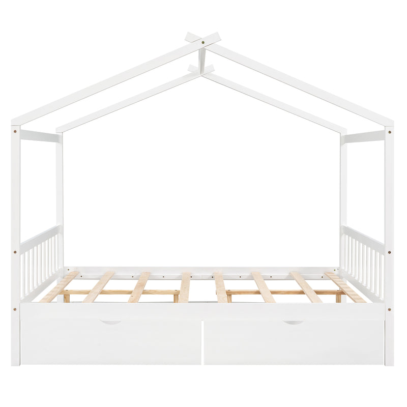 Full Size House Platform Bed with Two Drawers,Headboard and Footboard,Roof Design,White