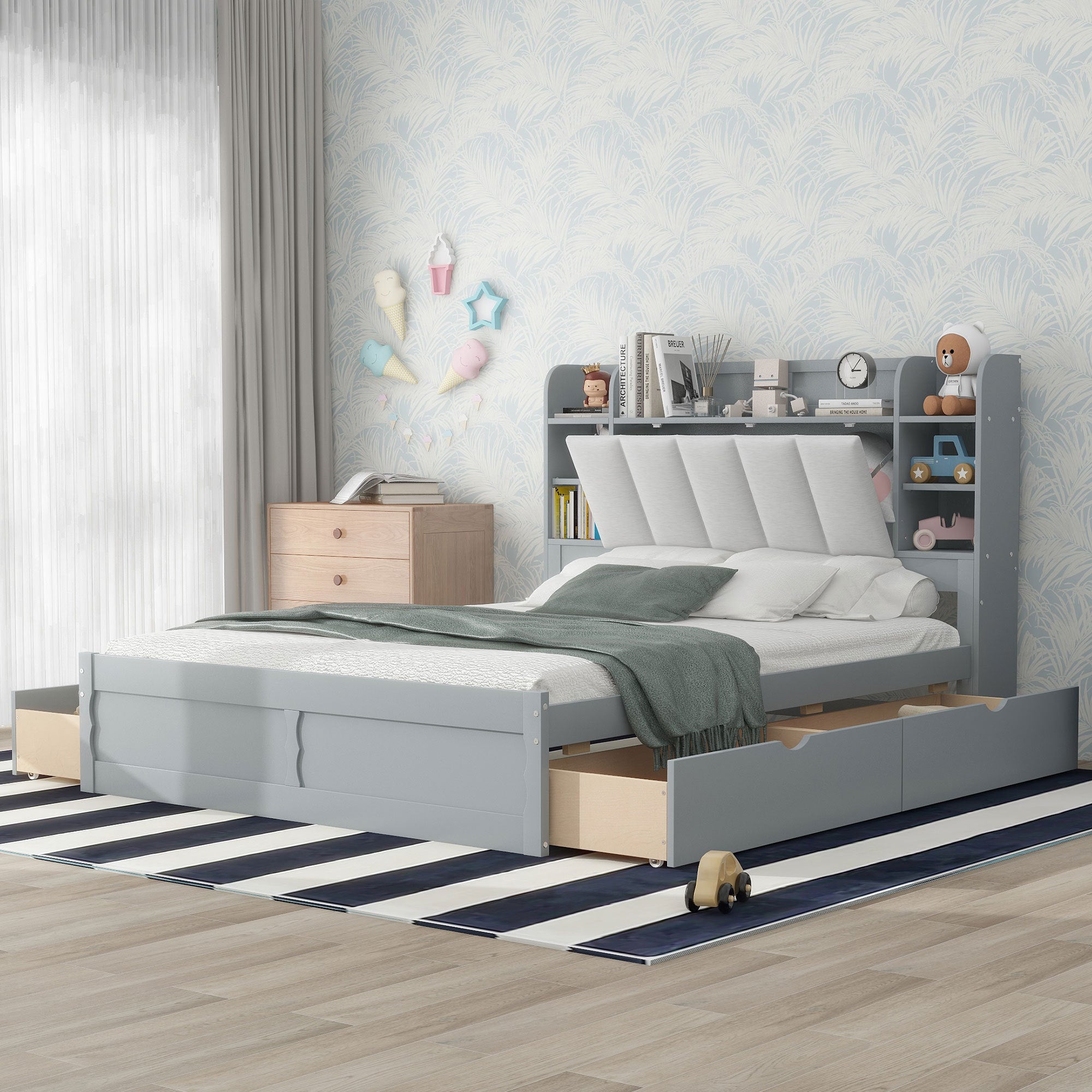 Wood Queen Size Platform Bed with Storage Headboard, Shelves and 4 Drawers, Gray - Atlantic Fine Furniture Melbourne FL