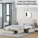 Queen Size Bed Frame with Drawers Storage, Leather Upholstered Platform Bed with Charging Station,Beige