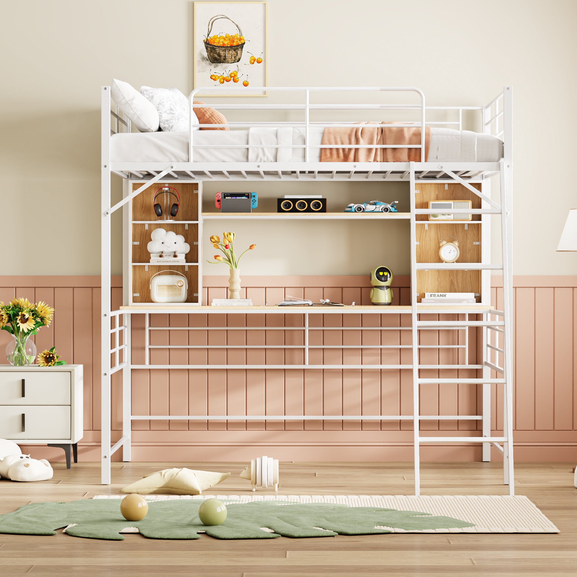 Full Size Loft Bed with Desk and Shelf, Loft Bed with Ladder,Full,White - Atlantic Fine Furniture Melbourne FL