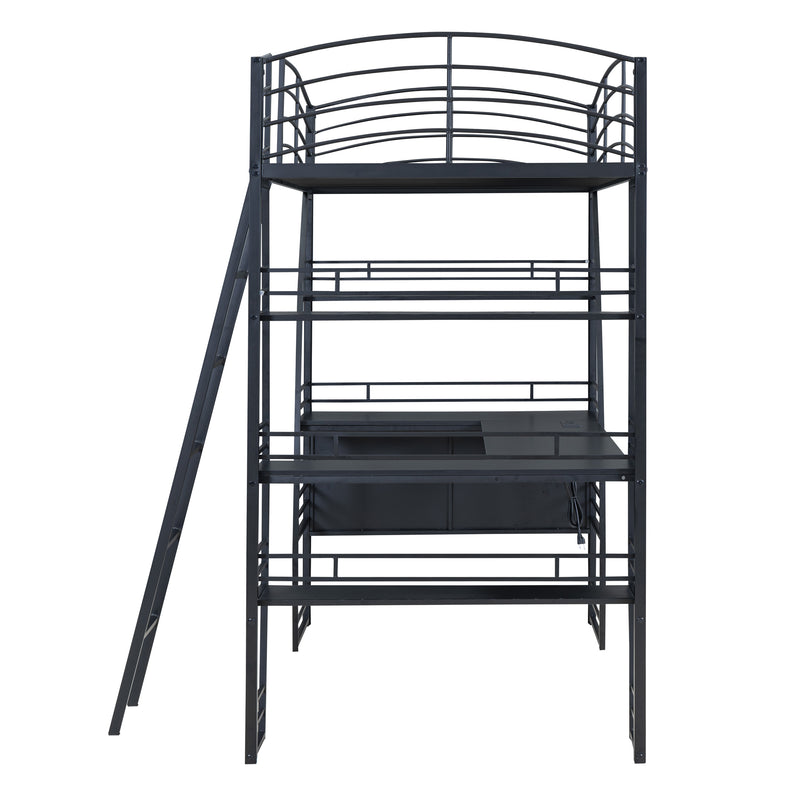 Twin Size Loft Bed with 4 Layers of Shelves and L-shaped Desk, Stylish Metal Frame Bed with a set of Sockets, USB Ports and Wireless Charging, Black