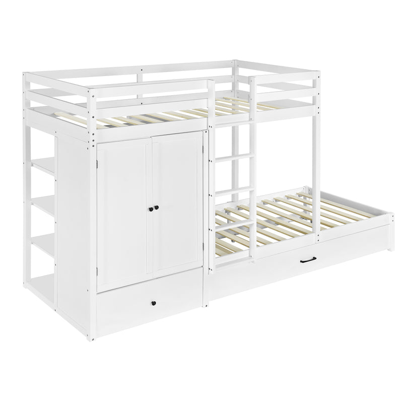 Twin-over-twin Bunk Bed with Wardrobe, Drawers and Shelves, White