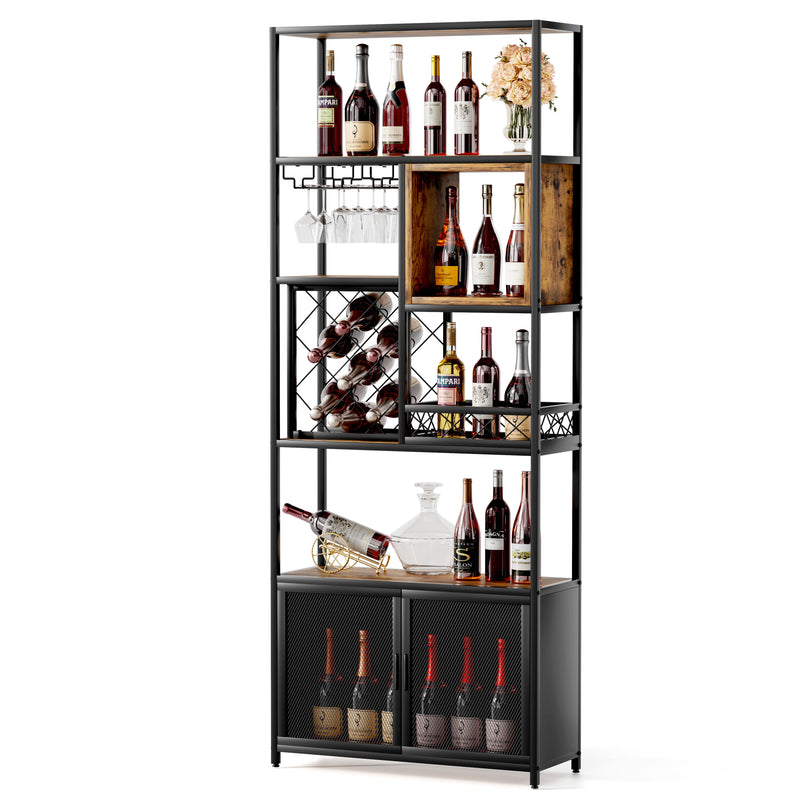 Industrial Tall Black Bar Wine Rack Cabinet With Glass Holder Wood Home Bar Cabinet - Walnut / Black