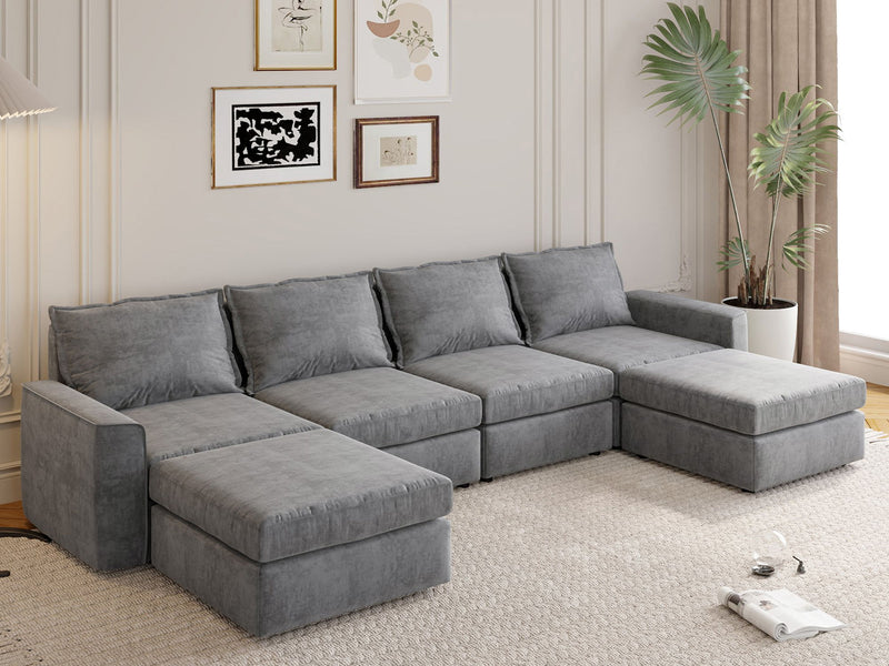 Chenille Modular Sectional Sofa, U Shaped Reversible Couch, Free Combination, 6 Seat Sleeper Sofa Bed With Ottoman, Convertible Oversized Indoor Furniture For Living Room - Gray