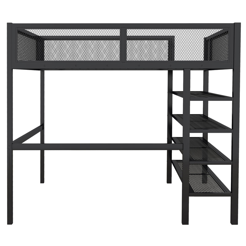 Full Size Metal Loft Bed with 4-Tier Shelves and Storage, Black