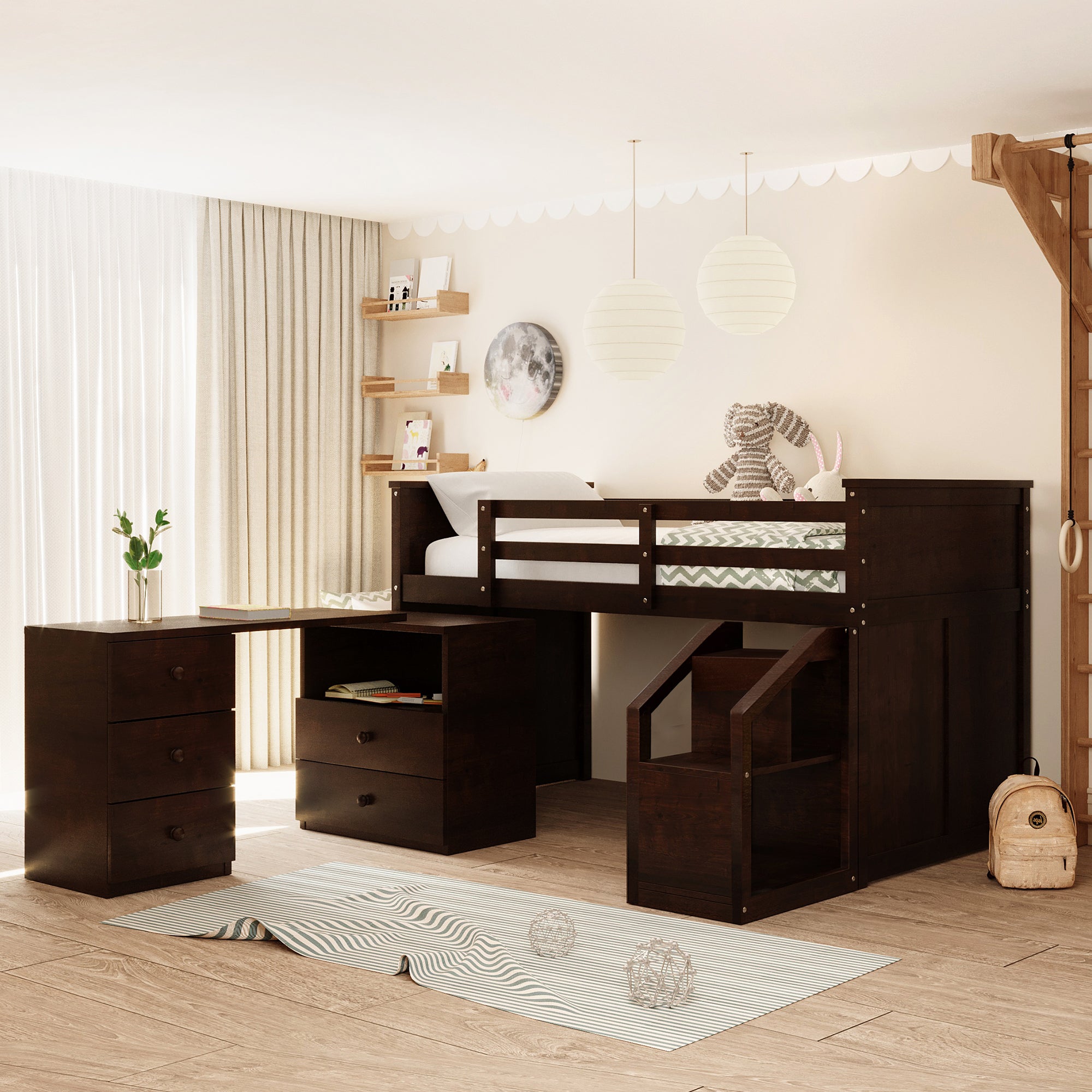 Loft Bed Low Study Twin Size Loft Bed With Storage Steps and Portable,Desk,Espresso(OLD SKU: LT000101AAP) - Atlantic Fine Furniture Melbourne FL