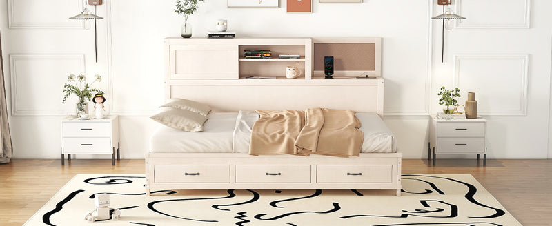Full Size Wooden Daybed with 3 Storage Drawers, Upper Soft Board, shelf, and a set of Sockets and USB Ports, White
