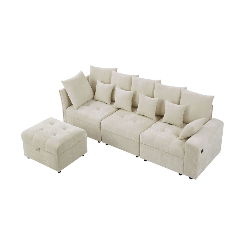 Sectional Sofa Modular Sofa Couch With Three USB Ports, A Removable Storage Ottoman And Five Back Pillows For Living Room