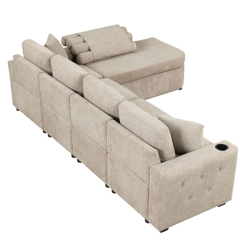 L-Shaped Couch Sectional Sofa With Storage Chaise, Cup Holder And USB Ports For Living Room