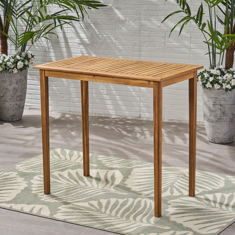 Outdoor Minimalist Acacia Wood Rectangle Bar Table, Durable Hardwood - Teak
