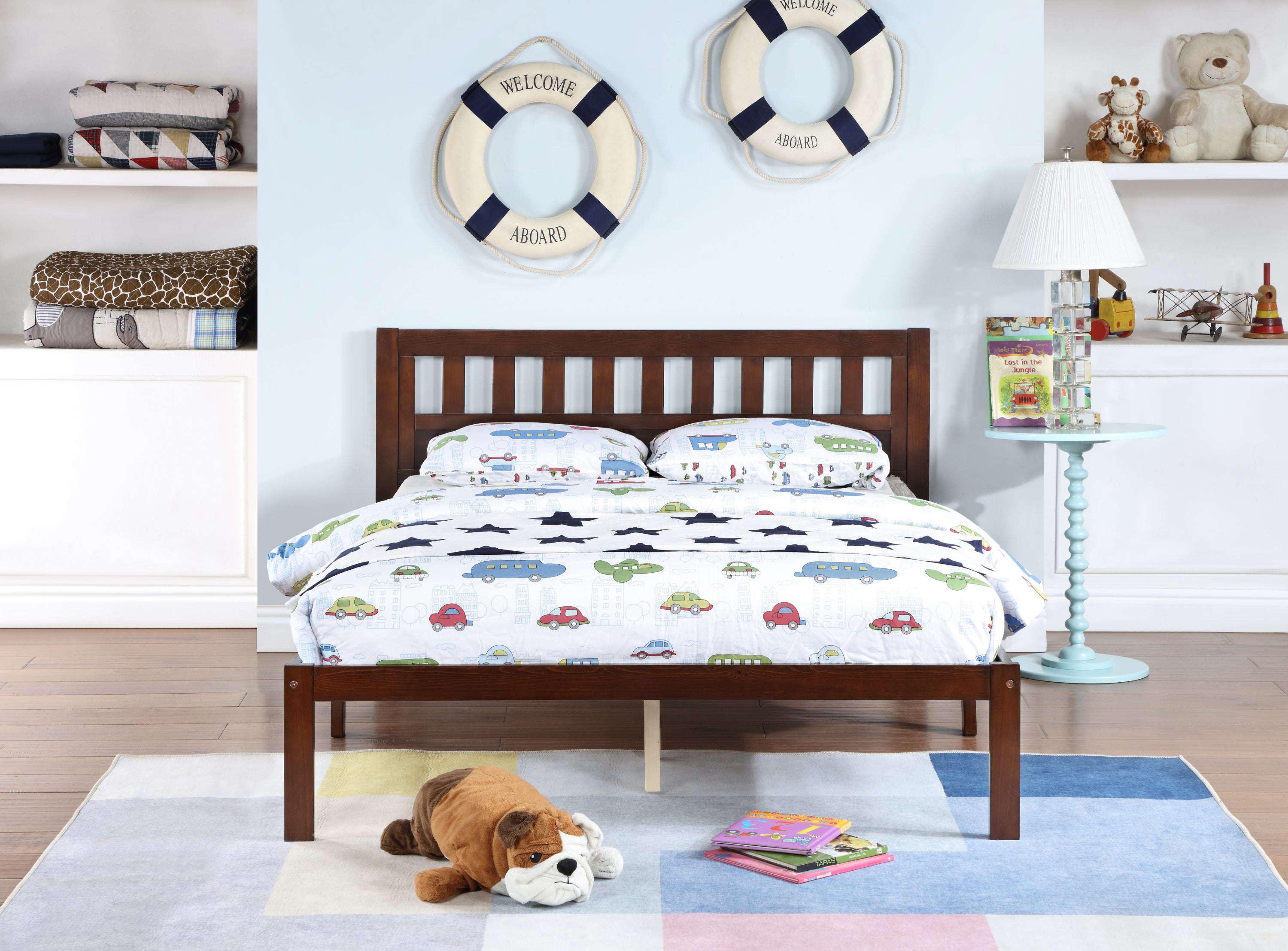 Full Size Bed, Wood Platform Bed Frame with Headboard For Kids, Slatted, Dark Walnut - Atlantic Fine Furniture Melbourne FL