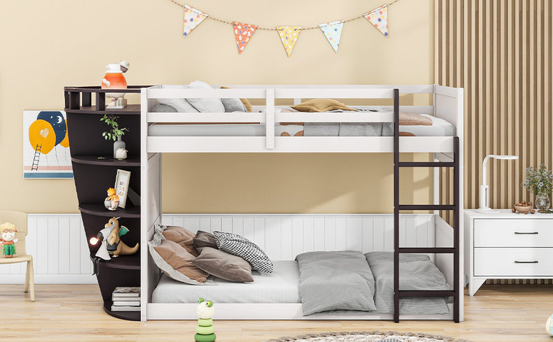 Twin over Twin Boat-Like Shape Bunk Bed with Storage Shelves, Cream+Espresso