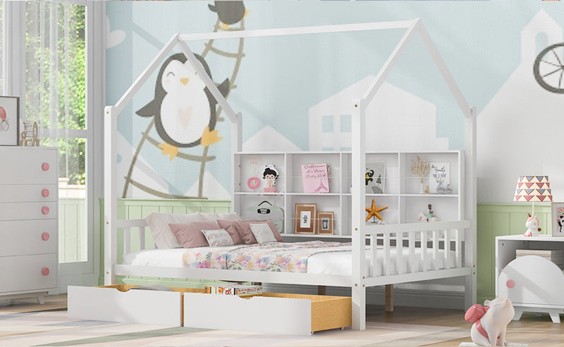 Wooden Full Size House Bed with 2 Drawers,Kids Bed with Storage Shelf, White(Expected Arrival Time: 5.15)