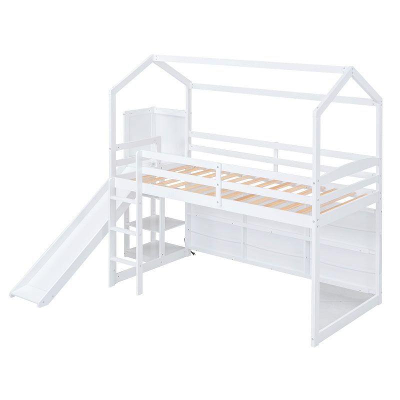 House Loft Bed With Slide, Storage Shelves And Light, Climbing Ramp