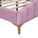 Queen Size Velvet Platform Bed with Thick Fabric, Stylish Stripe Decorated Bedboard and Elegant Metal Bed Leg, Pink