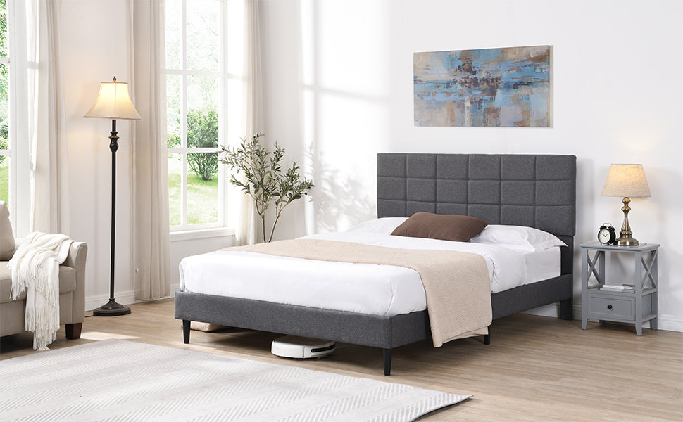 Full Size Platform Bed Frame with Fabric Upholstered Headboard and Wooden Slats, No Box Spring Needed/Easy Assembly, Grey - Atlantic Fine Furniture Melbourne FL